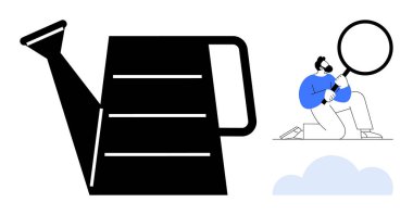 Büyük bir sulama kabı, bir bulutu analiz etmek için büyüteç kullanan bir adamla birleştirilebilir. Büyüme, analiz, yenilik, sürdürülebilirlik, ekoloji, merak ve araştırma için ideal. Basit düz metafor