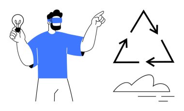 VR kulaklıklı biri, elinde ampul, geri dönüşüm simgesi ve bulut sembolü ile etkileşimde. Sürdürülebilirlik, yenilik, geri dönüşüm, sanal gerçeklik, çevre dostu kavramlar ve teknoloji için ideal