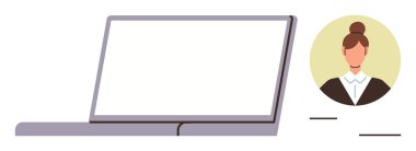 Diz üstü bilgisayarı boş ekran ile birlikte aç. İş elbisesi giymiş bir kadın avatarın yanında, kullanıcı profili gösterimi var. Uzak çalışma, iletişim, çevrimiçi kimlik, teknoloji ve profesyonellik için ideal