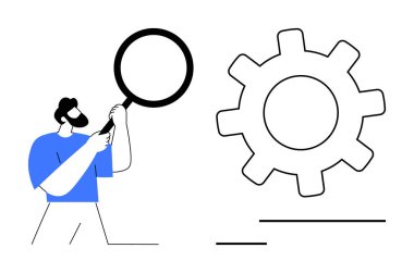 Elinde büyüteç tutan kişi büyük teçhizatı kontrol ediyor, problem çözme, analiz, mühendislik ve geliştirmeye odaklanıyor. Yenilik, optimizasyon, strateji, yaratıcılık takım çalışması için ideal