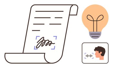 El yazısıyla imzalanmış yasal belge, fikirleri veya yeniliği temsil eden ampul, ses tanıma ile konuşan kişi. Teknoloji, hukuk, evrak işleri, yaratıcılık ve yenilik için ideal