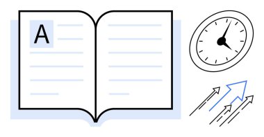 Çizgilerin ve A harfinin olduğu açık bir kitap, zamanı gösteren saat, yukarı doğru hareket eden oklar. Eğitim, zaman yönetimi, kişisel büyüme, üretkenlik, bilgi, başarı için ideal basit düz metafor