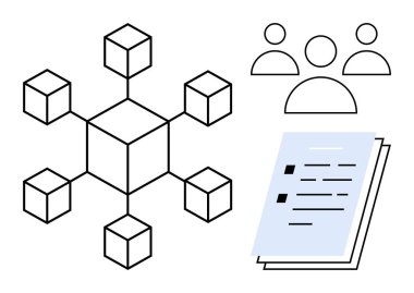 Kümelenmiş birbirine bağlı küpler, soyut insan simgeleri grubu ve istiflenmiş belgeler blok zinciri, takım çalışması, ademi merkeziyet, yenilik, teknoloji, dijital güvenlik ve bilgiyi sembolize ediyor