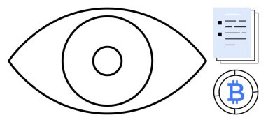Belgeler ve Bitcoin parasının yanında büyük çizilmiş göz sembolü. Şeffaflık, veri gizliliği, finans, engelleme zinciri, kripto para birimi, dijital işlemler, güvenli iletişim için idealdir. Basit düz