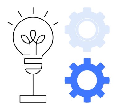 Yaprakları filizlenen ampul ve iki dişli büyüme, yenilik ve işbirliği öneriyor. Sürdürülebilirlik, yaratıcılık, takım çalışması, problem çözme, mühendislik ve iş için ideal