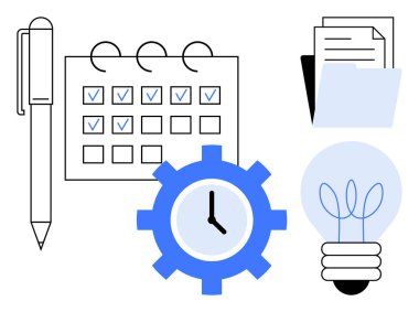 Bir kontrol listesi takviminin yanındaki kalem, vites sembolündeki saat, klasördeki belge yığını ve ampul fikri taslağı. Üretkenlik, organizasyon, planlama, yenilik, iş akışı verimliliği için ideal