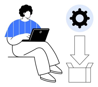 Dizüstü bilgisayarı olan, vites sembolü olan, aşağı doğru giden, kutuyu açan kişi. Teknoloji, yazılım, yenilik, süreç, üretkenlik sistemi güncelleme iş akışı kavramları için idealdir. Temiz düz metafor