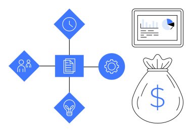 Veri tablosu, para çantası ve insanlarla dolu ağ diyagramı, saat, belge, dişli ve ampul simgeleri. Mali verimlilik için ideal takım çalışması yönetim stratejisi yeniliği. Basit düz