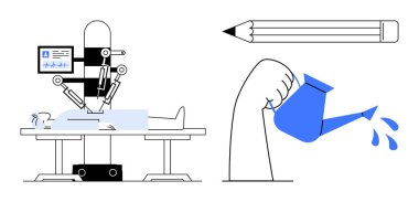 Robotik kol ameliyatı, yaratıcılığı sembolize eden büyük bir kalem, bir su bidonundan dökülen su. Teknoloji, sağlık, yenilik, sanat, büyüme eğitimi ekip çalışması için idealdir. Basit.