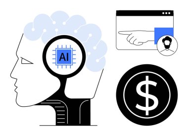 Yapay zeka çipli, dolar sembollü, tarayıcı çerçeveli insan profili. Yapay zeka entegrasyonu, teknoloji, finans, yenilik, karar verme, dijital dönüşüm için ideal basit düz metafor