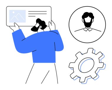 Kullanıcı ayarlarını, kişiselleştirmeyi ve proje yönetimini sembolize eden bir portre ve dişli profili olan kişi incelemesi. Kullanıcı yönetimi, teknoloji, takım çalışması, profil oluşturma, iş akışı için ideal