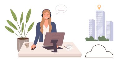 Masada bilgisayarla kulaklık takan, müşterilerle konuşan gülümseyen bir kadın. Müşteri hizmetleri için ideal, uzaktan çalışma, çevrimiçi iletişim, teknoloji, modern işyeri, danışma, basit daire