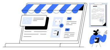 E-ticaret mağazası önü, alışveriş simgeleri ve kullanıcı arayüzü gösteren bir dizüstü bilgisayar ekranı ve bir belgeyi inceleyen bir kişi. E-ticaret, iş, pazarlama, alışveriş, anlaşmalar, sözleşmeler için ideal