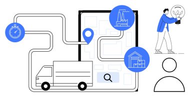 Yol haritasında teslimat kamyonu, kronometre, ampul tutan kişi, fabrika, depo ikonları. Lojistik, tedarik zinciri, dağıtım takibi, yenilik planlama iş stratejisi için ideal