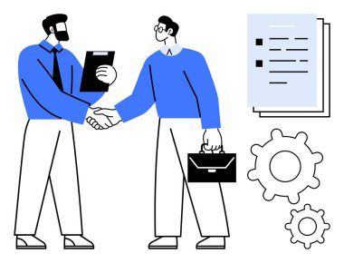 Yanlarındaki iki profesyonel el sıkışıyor, belgeler ve vitesler anlaşma, takım çalışması ve ilerlemeyi temsil ediyor. İş anlaşmaları, ortaklıklar, takım çalışması, strateji ve başarı işbirliği için ideal