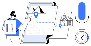 Sırt çantasında lobutları, varış noktalarını ve güzergahı gösteren bir harita var. Mikrofon ve saat simgeleri dahil. Seyahat, seyrüsefer, zaman planlama, teknoloji ve turizm için ideal