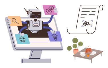 Birden fazla kolu olan robot, arama, teknoloji, ağ ve dijital belge ve kağıt ve bitki içeren bir masanın yanında fikir simgeleri tutan bir monitörden ortaya çıkıyor. Otomasyon ve çoklu görev için ideal