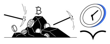 Bitcoin amblemli taşlar üzerindeki madeni paralar ve kazmalar kripto para madenciliğini, dijital varlıkları, karı ve yatırımı sembolize eder. Saat zaman yönetimi ve verimliliği ifade eder. Engelleme zinciri ve tasarruf için ideal