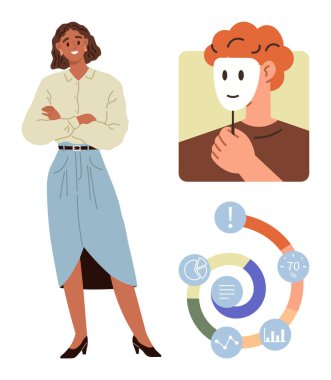 Kolları çaprazlanmış, güvenle gülümseyen, maske tutan ve veri ölçümlü dairesel diyagramı olan biri. Kimlik, kendini ifade etme, analitik, profesyonel büyüme, özgünlük için ideal