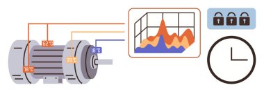 Endüstriyel motor ısı sensörlerine, veri analiz grafiğine, güvenlik kilitlerine ve saate bağlı. Ekipman izleme, öngörü bakımı, veri analizi, otomasyon, güvenlik için ideal