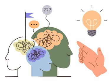 Beyinlerinde birbirine dolanmış çizgiler olan insan profilleri onu gösteren parlak bir ampul eline evriliyor. Yaratıcılık, takım çalışması, yenilik, problem çözme, rehberlik, strateji, basit düz alan