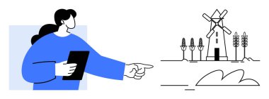 Tablet tutan kadın, yel değirmeni, buğday, ağaç ve doğayı işaret ediyor. Çiftçilik, çevre, sürdürülebilirlik tarım teknolojisi eğitim kırsal yaşam için idealdir. Basit bir düz metafor.