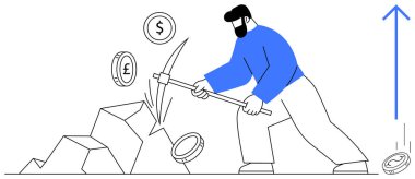 Madeni kazancı, para madenciliğini, çabayı veya yatırımı simgeleyen madeni paralar ortaya çıkarken kazmayla kayalara vuran işçiler. Finans, ekonomi, kripto para birimi ve iş verimliliği için ideal