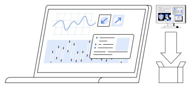 Dosyaları, grafikleri ve veri içgörülerini gösteren dizüstü bilgisayar, bir pakete ihracatı sembolize eden bir ok ile birlikte. Veri analizi, raporlama, iş akışı, dijital dönüşüm ve çözüm dağıtımı için ideal