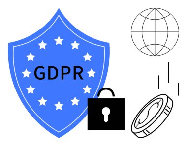 Mavi kalkanda GDPR etiketi var. Etrafı kilit, küre ve avro sikkeyle çevrili. Gizlilik için ideal, veri güvenliği, çevrimiçi uyum, dijital güvenlik, yasal politikalar, küresel yönetmelikler basit düz metafor