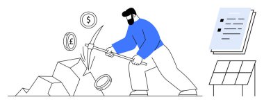 Kazmayla taş kıran adam para olarak ortaya çıkar. Evraklar ve veri tablosu yakında. Finans, madencilik, ekonomi, dijital para birimi, yatırımlar, gelir için ideal, basit düz metafor