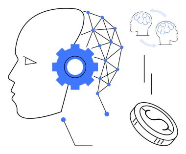 Birbirine bağlı sinirsel çizgileri, mavi dişlileri, beyin etkileşimli okları ve bozuk paraları olan soyut insan kafası. Yapay zeka, yenilik, düşünme, makine öğrenme teknolojisi nörobilim otomasyonu için idealdir. Basit.