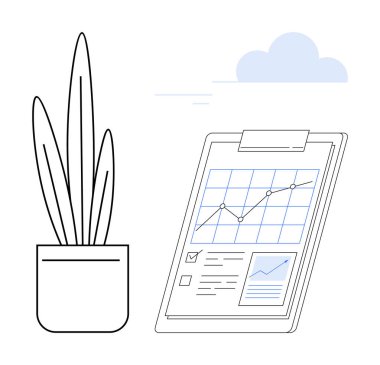 Çizgi çizelgesi ve kontrol listesi olan pano bir ışık bulutunun altında saksı bitkisinin yanında. Veri analizi, büyüme stratejisi, iş operasyonları, çevre dostu kavramlar, üretkenlik, hedef izleme için ideal