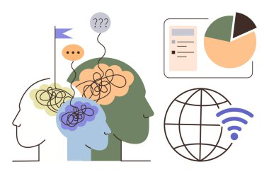 Kafasında birbirine dolanmış çizgiler olan insanlar karmaşayı, bayrağı, diyalog simgelerini, pasta grafiğini, kablosuz dalgalarla dünyayı sembolize ediyor. Takım çalışması, öğrenme, yenilik, karar verme bağlantıları için ideal