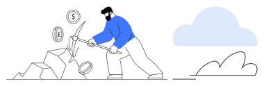Servet yaratmayı ve çabayı temsil eden para birimlerini taşlardan sökmek için kazma sallayan işçi. Finans, yatırım, tasarruf, kripto para birimi, madencilik, ekonomi ve iş büyümesi için ideal. Basit.