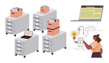 Dosyalarla dolu dosya dolapları, dizüstü bilgisayar ekranı ve simgelerle bulut çalışması yapan bir kişi bir ampul ve dişliyi parmakla işaretliyor. Organizasyon, depolama, işbirliği, yaratıcılık için ideal