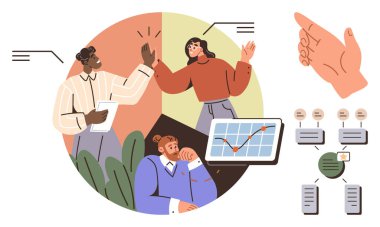 Ekip üyeleri veri eğilimlerini tartışırken tablet çizelgesi, çalışma akışı şemaları ve etkileşim jestleriyle beşlik çakıyorlar. Takım çalışması, yenilik, strateji, yaratıcılık, planlama liderliği için ideal