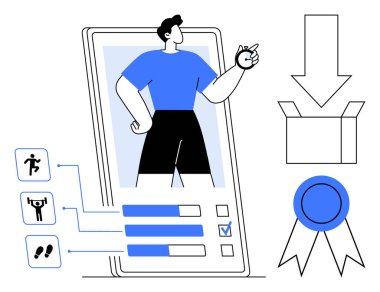 Akıllı telefon ekranında ayakta duran kişi fitness süreci çubukları, aktivite simgeleri, ödül kurdelesi ve paket. Fitness, sağlık, mobil uygulama, hedef belirleme, kendini geliştirme motivasyonu için ideal