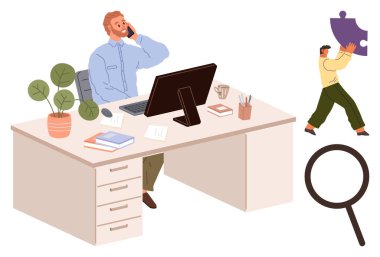 Ofis eşyalarıyla çevrili nöbetçi bir kişi var. Şekil bulmaca parçası taşır, büyüteç de analizi simgeler. Takım çalışması, problem çözme, üretkenlik, odaklanma, organizasyon için ideal