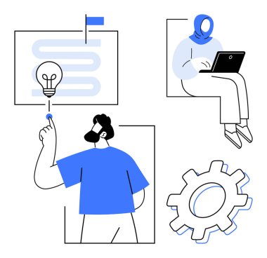 Ampul konseptiyle uğraşan kişi, dizüstü bilgisayarda çalışan kadın, patikalı dişli ikonu. İş stratejisi, takım çalışması, yenilik, problem çözme, teknoloji süreci, beyin fırtınası için ideal