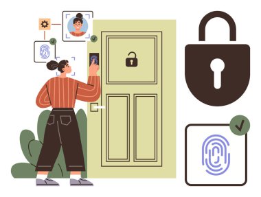 Yüzü taranmış kimlik doğrulaması ve kapı girişi için parmak izi olan bir kadın. Akıllı ev, siber güvenlik, teknoloji, mahremiyet, güvenlik, erişim kontrolü ve yenilik için ideal. Basit düz metafor