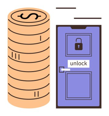 Altın para yığını ve kilit delikli kilitli kapı ve kilidi aç. Finans, yatırım, tasarruf, ödeme, fırsat, ekonomik özgürlük, zenginlik potansiyeli için ideal. Basit düz metafor