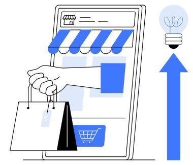 Vitrin önü grafikli akıllı telefon, alışveriş torbaları, yukarı doğru ok ve ampul. E-ticaret, yenilik, mobil alışveriş, dijital büyüme perakende kolaylık pazarlama için idealdir. Temiz daire