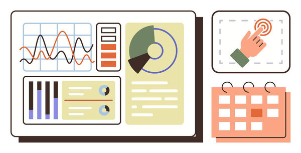 Графики, круговые диаграммы, аналитические доски, нажатие пальцем на сенсорный экран и календарь. Идеально подходит для обработки данных, производительности, организации, цифровых инструментов планирования управления проектами