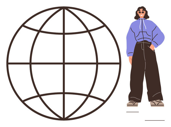 Person in trendy outfit stands beside a globe outline, symbolizing global community, modern culture, individuality, unity, travel, exploration, and social awareness. Simple flat metaphor