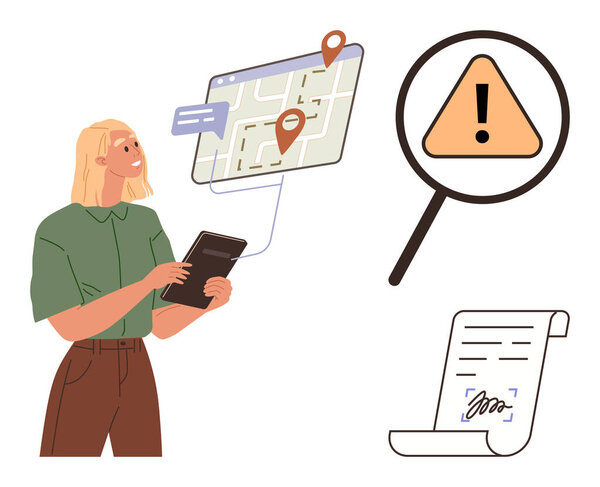 Женщина держит планшет, изучает цифровую карту с булавками местоположения, предупреждающий знак увеличен, подписанный документ. Идеально подходит для оценки рисков, контрактов, принятия решений, логистики и простоты.