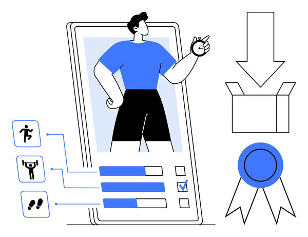 Person standing on a smartphone screen with fitness progress bars, activity icons, award ribbon, and package. Ideal for fitness, health, mobile app, goal setting, self-improvement motivation