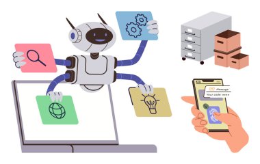 Robot birden fazla görevi dizüstü bilgisayarla yürütüyor, dosyaları yönetiyor ve akıllı telefon uygulaması kullanarak insan eli ile ilgili fikirler üretiyor. Otomasyon, yapay zeka, verimlilik, yenilik, gelecekteki organizasyon teknolojisi için idealdir. A