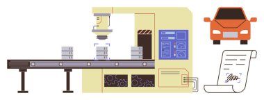 Taşıyıcı üzerinde parçaları birleştiren robot kol, araba temsilciliği, imzalı belge. Otomasyon, endüstri, imalat, robot bilimi ve mühendislik verimliliği için ideal. Basit düz metafor