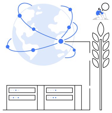 Dijital düğümlü dünya, bağlı sunucu birimleri, buğday sapı ve araştırmacısı. Teknoloji, tarım, sürdürülebilirlik, yenilik veri paylaşımı araştırma küresel ağları için idealdir. Basit düz