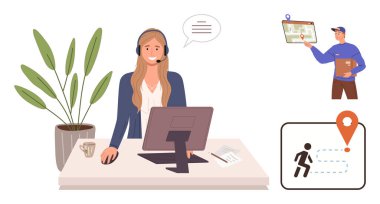 Masasında kulaklığı olan müşteri hizmetleri ajanı paketli teslimat uzmanı ve bir yol haritası. Müşteri desteği, lojistik, dağıtım yönetimi, iletişim, izleme ve uzaktan çalışma için ideal